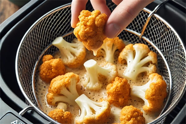 Place the coated cauliflower florets in a single layer in the basket